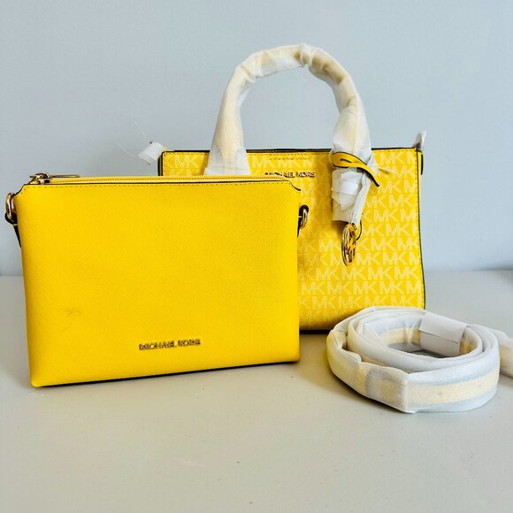 MICHAEL KORS CHARLOTTE SM SIG LOGO CANVAS LEATHER 3-IN-1 SATCHEL YELLOW - Picture 1 of 11